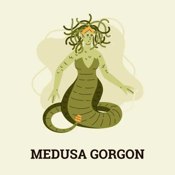 Vector illustration of Greek ancient mythical Medusa Gorgon monster character flat vector illustration.