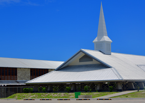 Temwaiku, Bonriki motu, South Tarawa Atoll, Kiribati: Church of Jesus Christ of Latter-Day Saints temple (Mormon) with its spire - the LDS church has a large presence in the Pacific, in Kiribati about 17% of the population practice the Mormon faith.