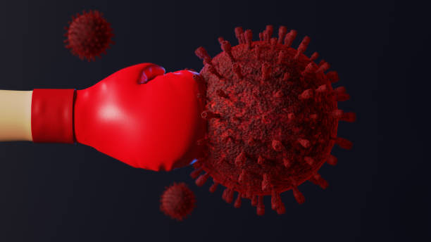 istock Hand wearing a red boxing glove fighting with COVID -19 virus. Concept Fight coronavirus. 3D rendering. 1565604607