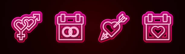istock Set line Gender, Calendar, Amour with heart and arrow and . Glowing neon icon. Vector 1565626631