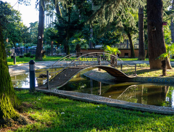 istock Park at sunset. Nice quiet place. Round bridge on the pond 1565627160