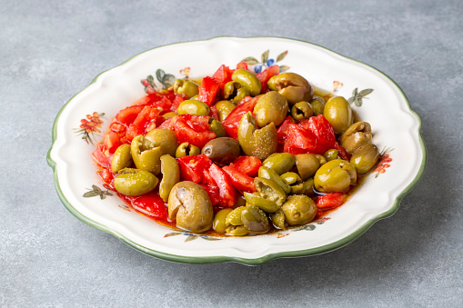 Gourmet flavors from traditional Turkish cuisine; green olive salad (Turkish name; Kirma yesil zeytin salatasi) A flavor belonging to the Turkey - Antakya region.