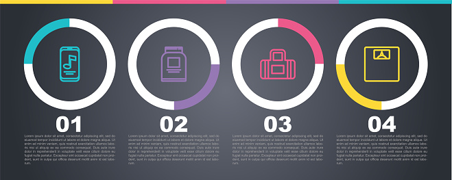 Set line Music player, Sports nutrition, bag and Bathroom scales. Business infographic template. Vector.