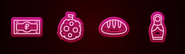 istock Set line Russian ruble banknote, Moon with flag, Bread loaf and doll matryoshka. Glowing neon icon. Vector 1565665287