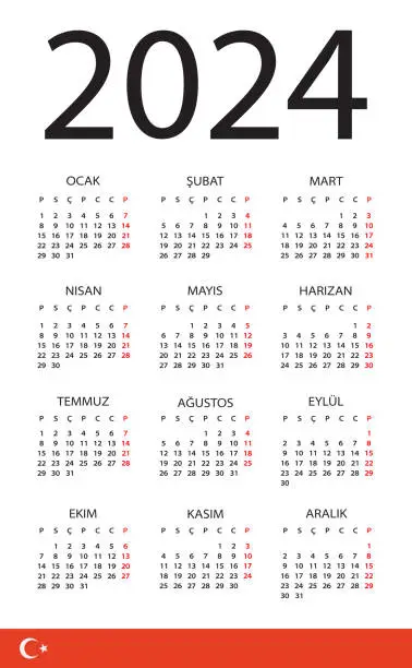 Vector illustration of 2024 Calendar - vector template graphic illustration - Turkish version