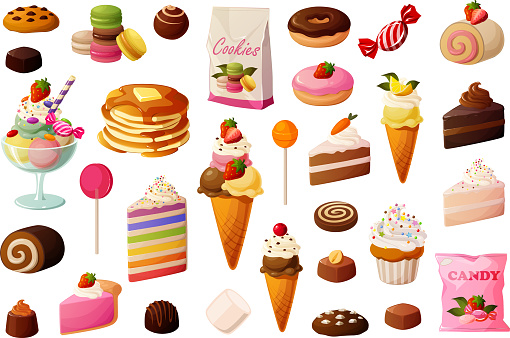Cute vector illustration of various sweet sugar baked goods, candy and ice cream.