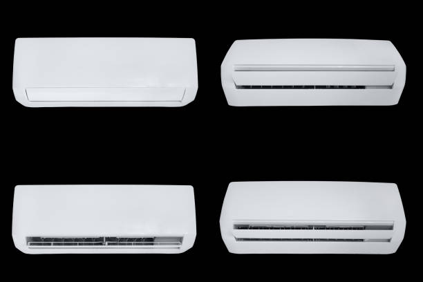 istock Wall mounted white air conditioner in 4 angles isolated on black background 1565705556