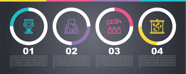 ilustraciones, imágenes clip art, dibujos animados e iconos de stock de establecer la línea de la copa de premios, dos hombres sentados hablando, jefe con el empleado y el concepto de estrategia de planificación. plantilla de infografía empresarial. vector - cup dice leisure games nobody