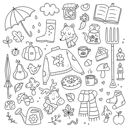 A set of cute autumn doodles. A collection of simple autumn drawings. Vector illustration