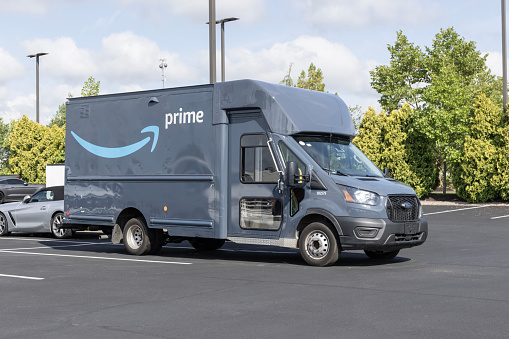 Indianapolis - July 21, 2023: Amazon Prime delivery van. Amazon.com is in the delivery business With Prime branded vans.