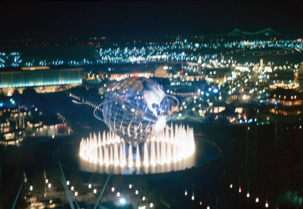 Pictures of the world's fair at Flushing Meadows-Corona Park in Queens, New York City in 1964 at night stock photo