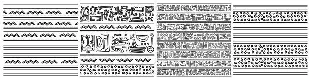 Vector illustration of Egypt theme set of seamless patterns. Black white vector hand drawn group of prints with symbols like hieroglyphs