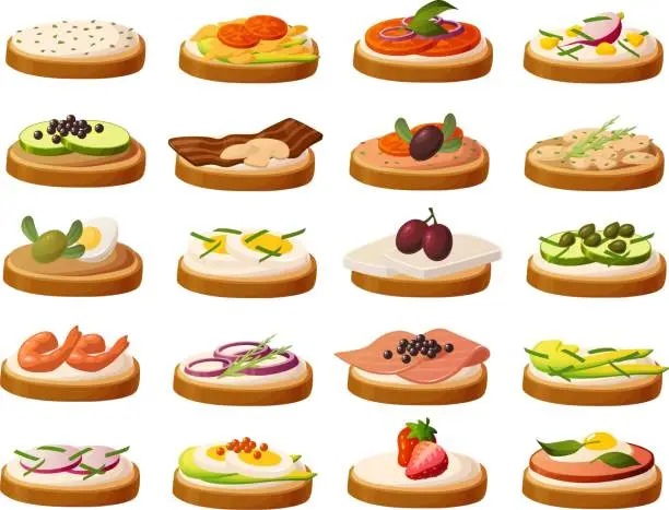 Vector illustration of Cute vector illustration of various kinds of festive gourmet canape snacks for parties and entertaining.