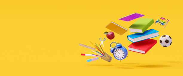 istock Back to school concept with school supplies on yellow background 3D Render 1565761065