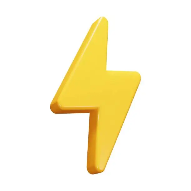 Vector illustration of 3d yellow charger symbol. Yellow sign thunder. Symbol of energy, danger. Minimalistic electrical discharge. Vector illustration.