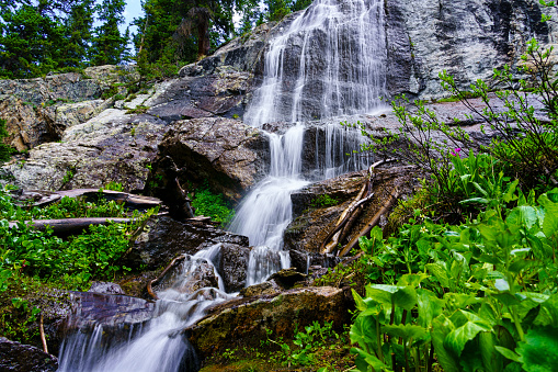 Mountain Waterfall in Summer - Lush green foliage and cascading water over rocks in nature scenic landscape.