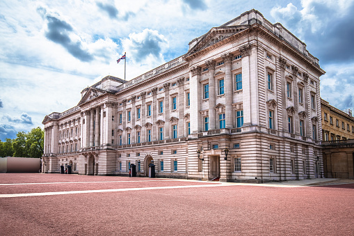 London, UK - 26 March 2022: The famous balcony of Buckingham Palace, London, residence of Queen Elizabeth II. During Jubilee celebrations, the Royal family gather here to great the people. .
