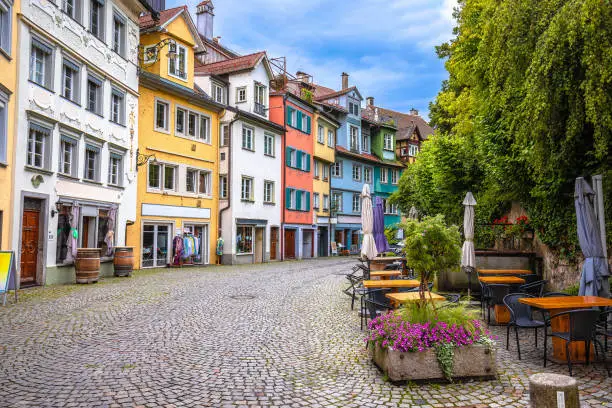 Old cobbled street in town of Lindau and colorful architecture view, Bodensee lake in Bavaria region of Germany