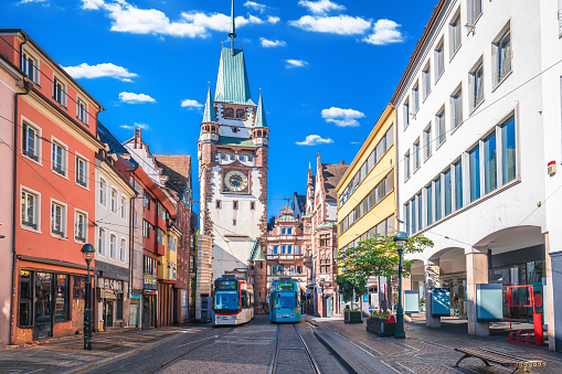Freiburg im Breisgau historic cobbled street and colorful architecture view