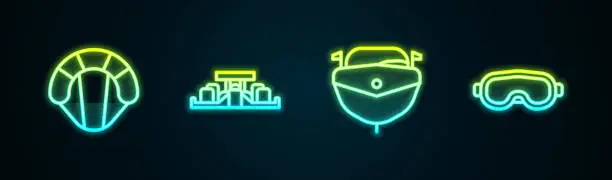 Vector illustration of Set line Parachute, Formula 1 racing car, Speedboat and Ski goggles. Glowing neon icon. Vector
