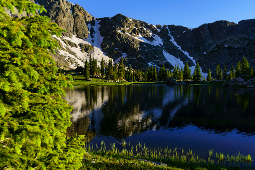 Mountain Lake and Reflections Summer Wilderness Landscape Scenic - Pristine beautiful nature high in the alpine zone with reflections of peaks in crystal clear water.