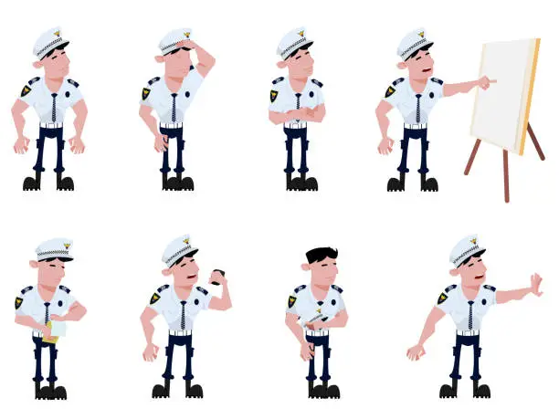 Vector illustration of Korean Officer in eight different situations. Unarmed.  South Korean Police. Friendly situation. Public security service. call 112. South Korea