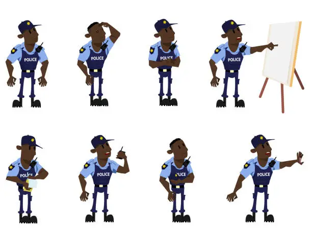 Vector illustration of Police Officer in eight different positions. Unarmed. South African police uniform. Friendly situation. Public security service. call 10111. South Africa