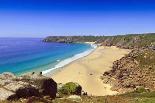 Porthcurno beach is close to Land's End in Cornwall.Land's End is the extreme south-westerly point of the British mainland, and the extreme westerly point of the mainland of England.
