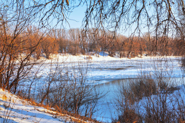 istock Winter landscape with frozen river 1565841972
