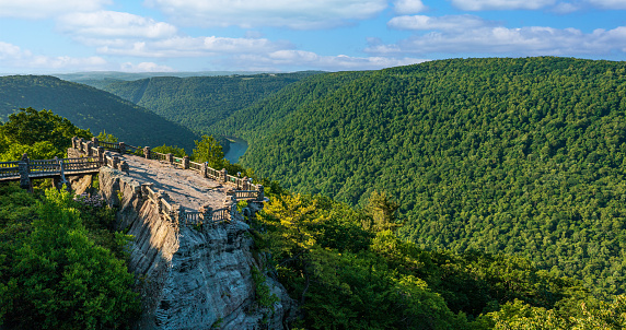 Aerial panoramic image of the Cheat River gorge and the Coopers Rock overlook and viewing platform in summer