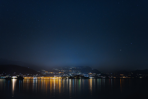 A night view with a beautiful sky towards a Lago Maggiore located in Italy
