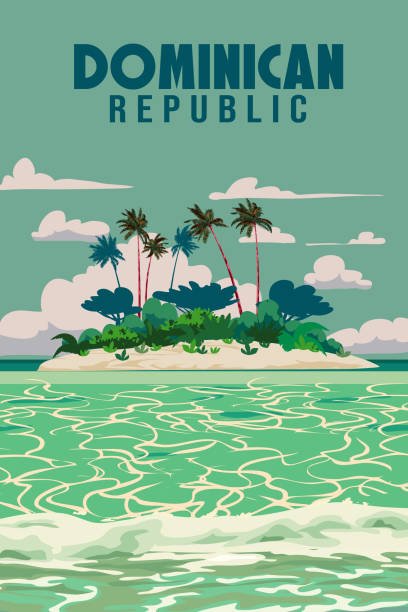 dominikanische republik reiseplakat vintage. paradiesisches inselresort - hawaii islands big island postcard summer stock-grafiken, -clipart, -cartoons und -symbole