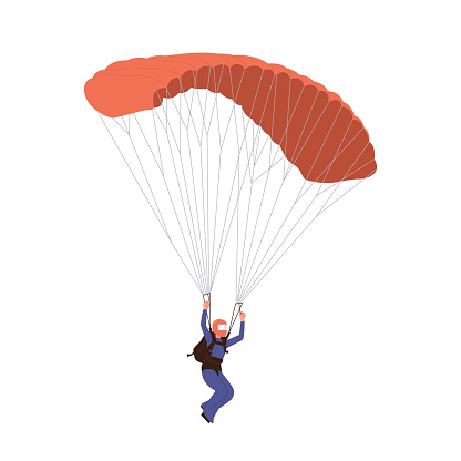 Cartoon sportsman character parachuting descending in sky enjoying skydiving or paragliding experience isolated on white background. Outdoors extreme sport activity in air vector illustration