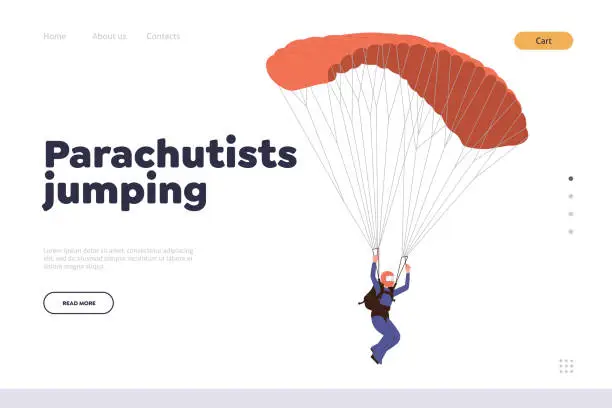 Vector illustration of Parachutist jumping landing page design template providing safety outdoor extreme sport activity