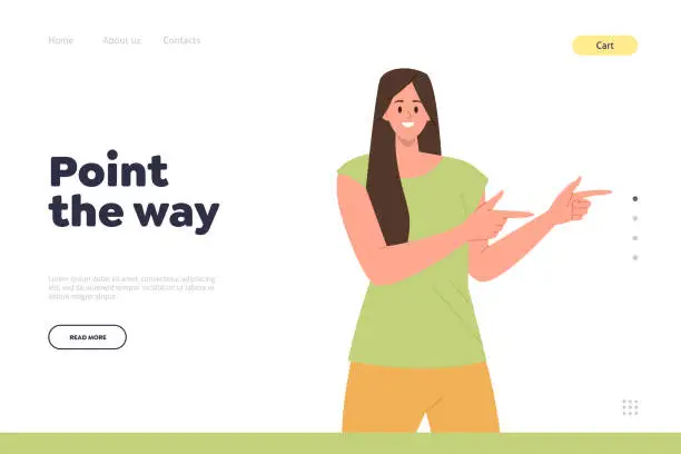 Vector illustration of Point way landing page design template with happy smiling woman directing with hands to left