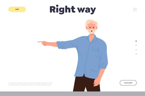Vector illustration of Right way landing page design template with shocked surprised senior man pointing with index finger