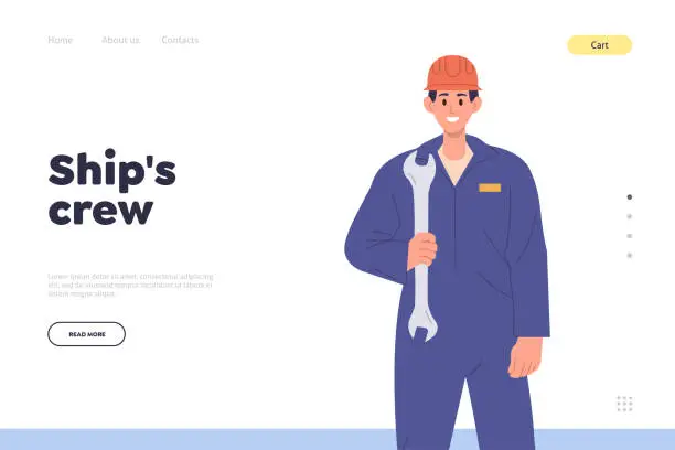 Vector illustration of Ship crew repair service landing page design template with marine mechanic in uniform holding wrench