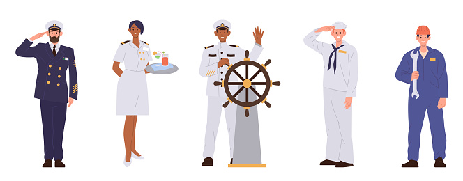 Yacht or cruise ship liner sailors crew character cartoon people wearing uniform isolated set on white background. Vector illustration of stewardess, cook, captain, steward and mechanic engineer