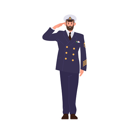 Brave male ship cruise nautical liner captain cartoon character wearing marine crew uniform saluting standing isolated on white background. Vector illustration of naval commander, admiral or sailor