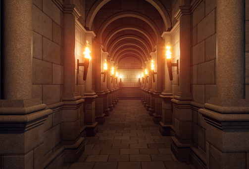 Luxury tunnel movie style ancient mysterious Made of stone decorated with torches and arches 3d render illustration