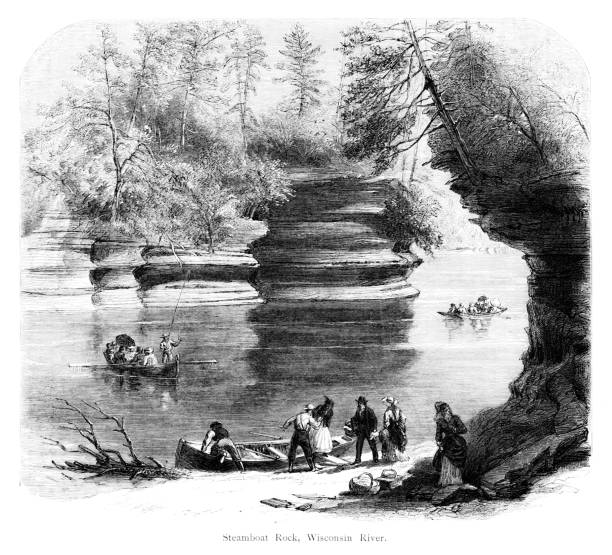 Wisconsin River Steamboat Rock, Wisconsin, United States, American Geography Steamboat Rock in the Wisconsin River, which flows on the border of Wisconsin and Michigan, USA.  Pencil and pen, engraving published 1874. This edition edited by William Cullen Bryant is in my private collection. Copyright is in public domain. the dalles stock illustrations