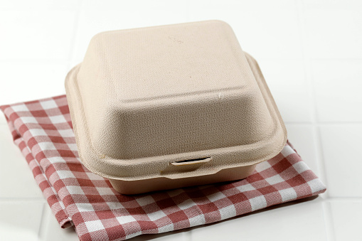 Food Takeaway Packaging Made from Paper Pulp Bagasse, Reduce Global Warming. Go Green Concept