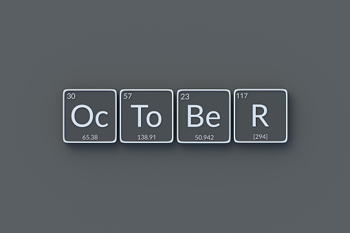 Word october in periodic table of elements style on metallic buttons. Top view. 3d render
