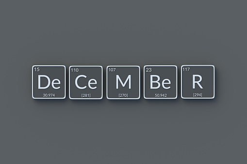 Word december in periodic table of elements style on metallic buttons. Top view. 3d render