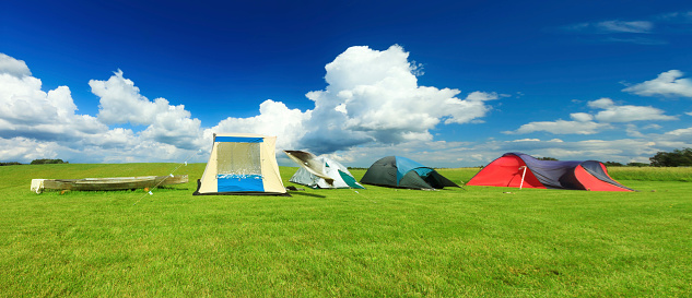 Modern dome tents pitched on a picturesque campsite surround by mountains and forests. Adobe RGB 1998 color profile.