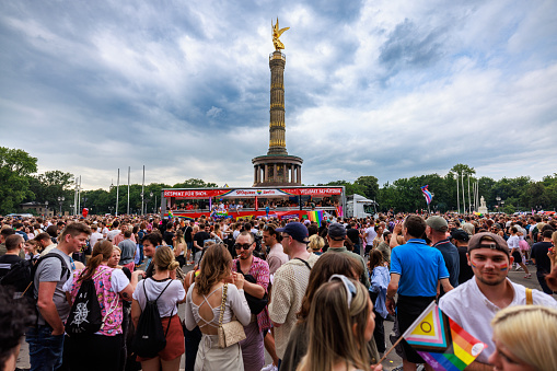 Berlin, Germany July 23 2023: Christopher Street Day. The Berlin Pride Celebration is a pride parade  to celebrate the lesbian, gay, bisexual, transgender and queer (LGBTQ+) people and their allies.