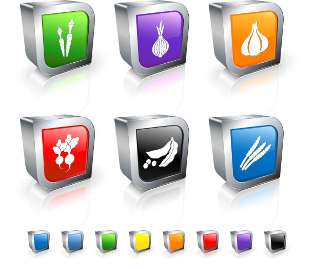 gemüse 3d lizenzfreie vektor icon-set mit metall-rim - onion carrot vegetable reflection stock-grafiken, -clipart, -cartoons und -symbole