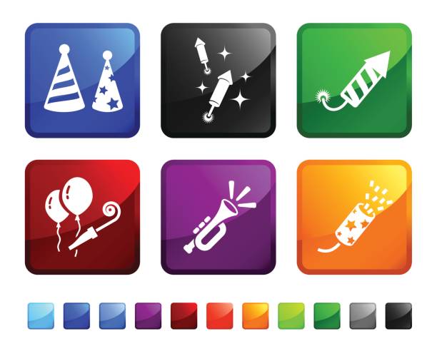 ilustrações de stock, clip art, desenhos animados e ícones de fogos de artifício vector celebração ícone conjunto - party hat hat white background blue