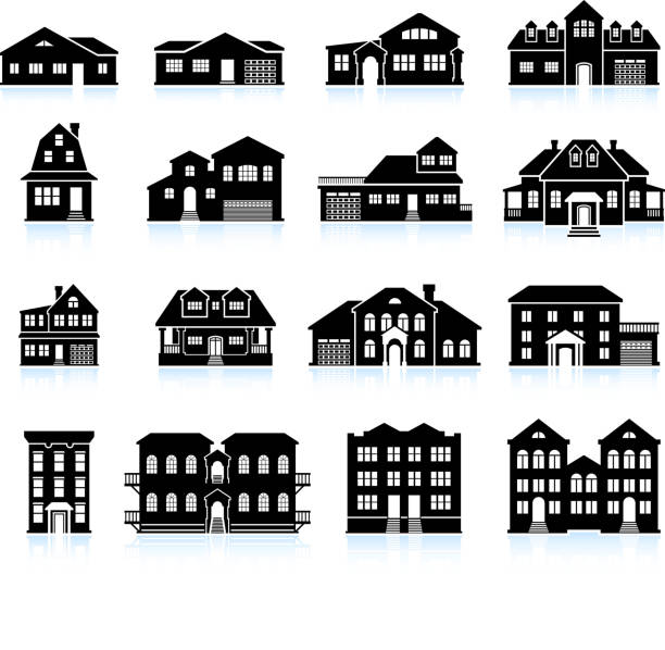 House and condo Building Innovation black & white icon set House and condo Building Innovation black & white icon set estate stock illustrations