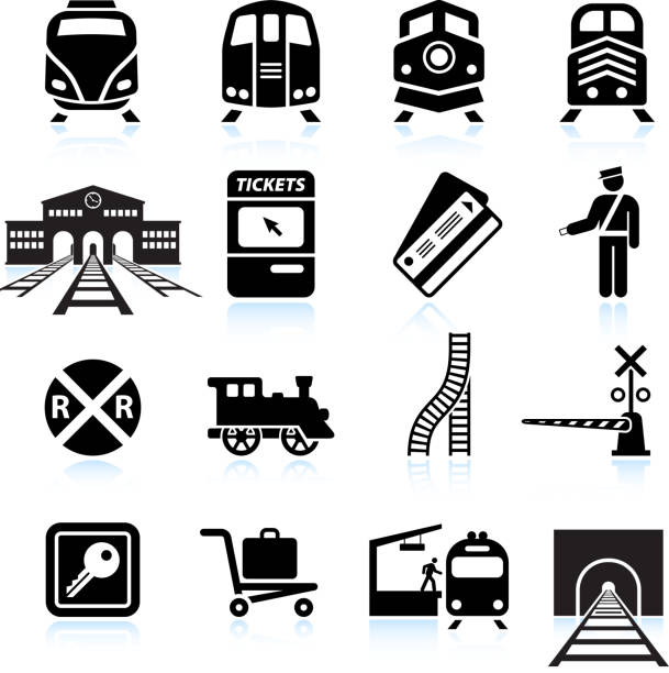 railroad station and service black & white icon set - train stock illustrations